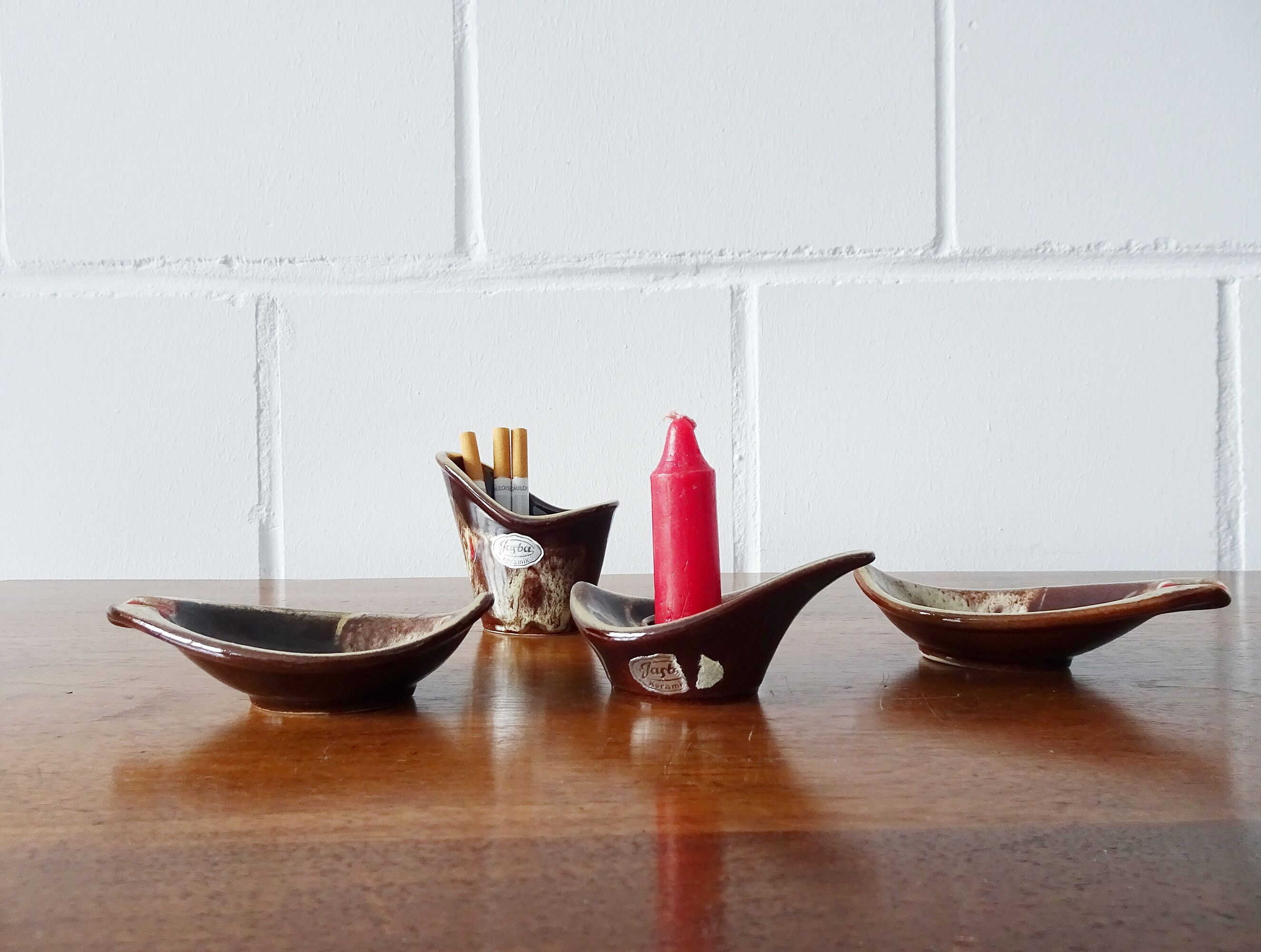 Jasba smoking set in brown red, four-piece Jasba ceramic set, table set, ashtray, candle holder hous