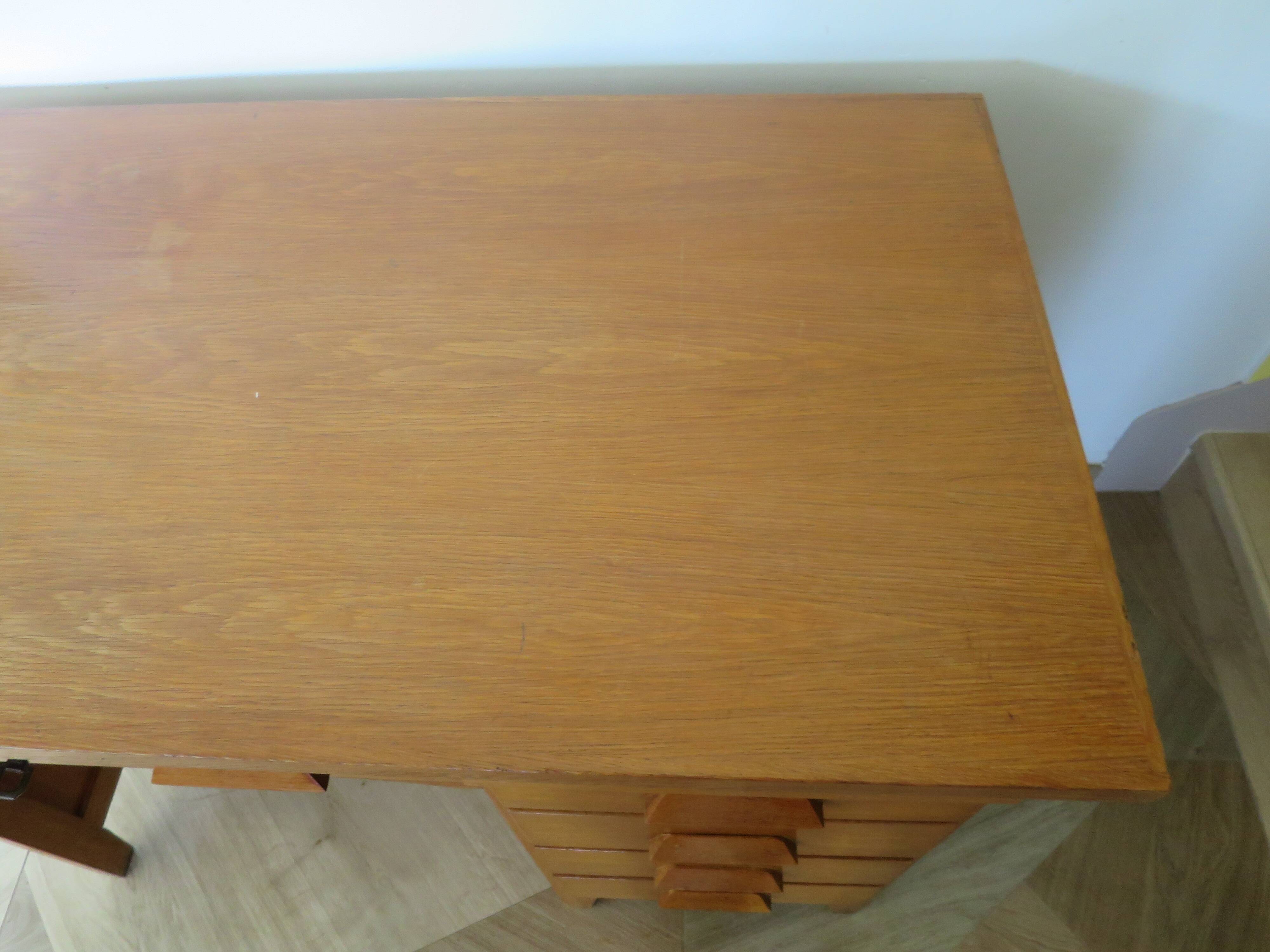 Vintage modernist desk - 5 drawers - shelf - 1950s - closure mechanism