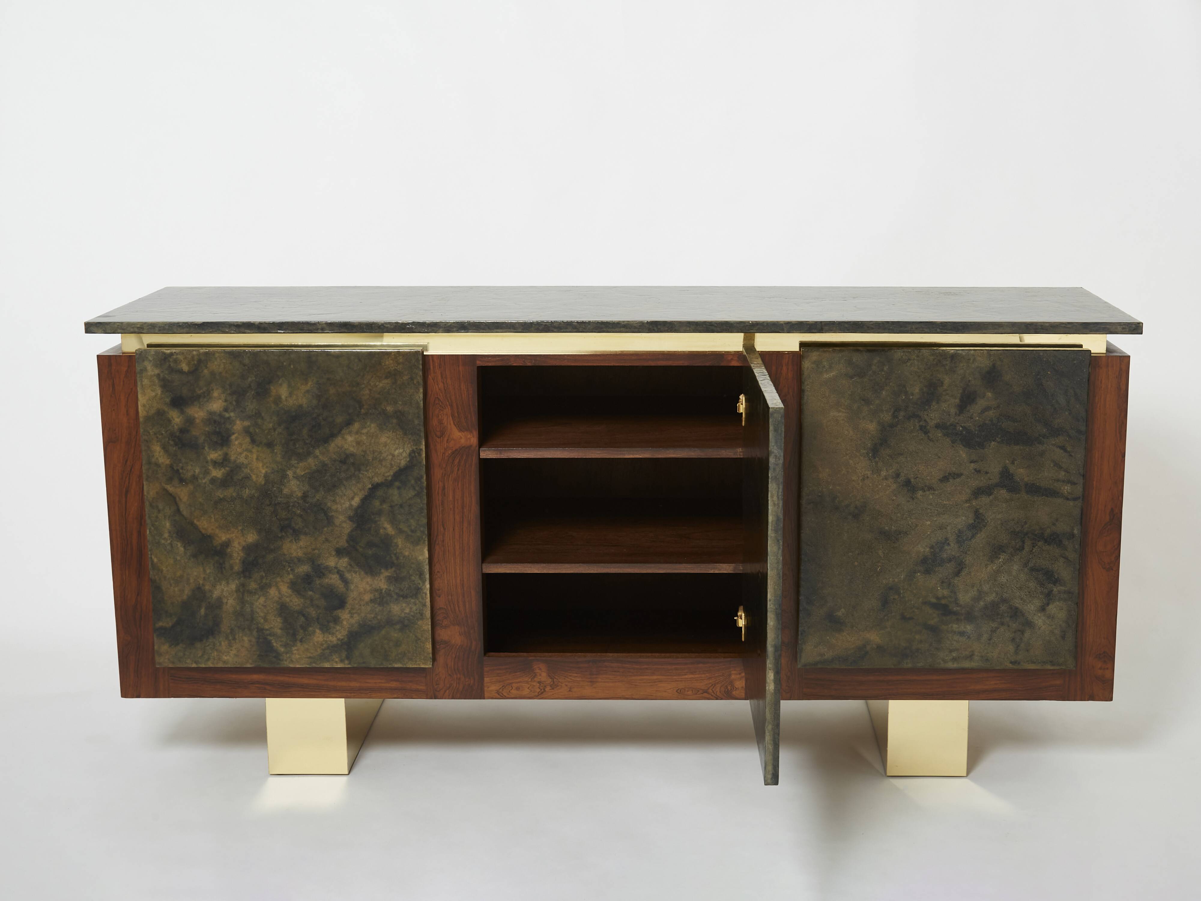 Brutalist Belgian enfilade in rosewood, resin, and brass from around 1970.