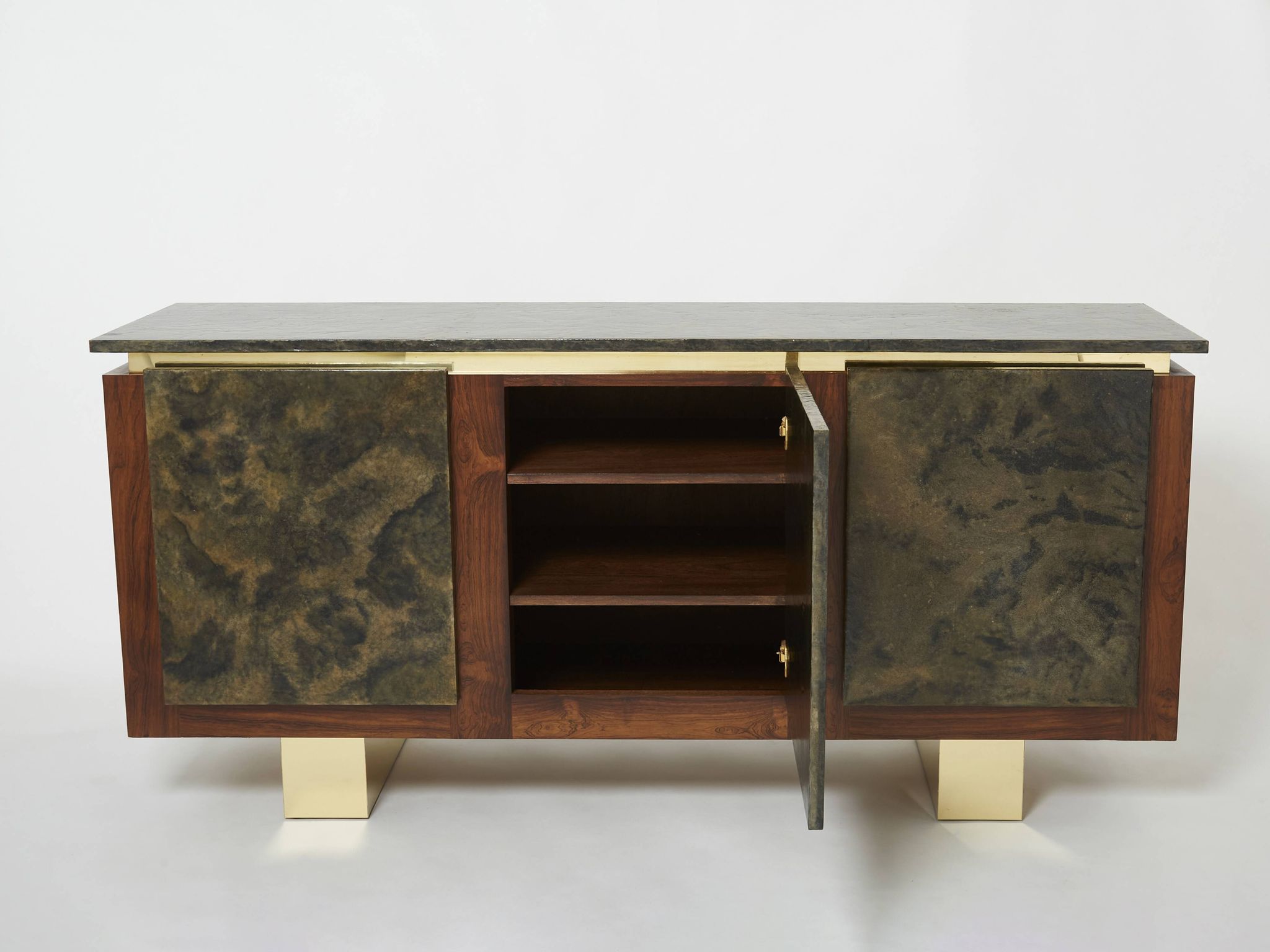 Brutalist Belgian enfilade in rosewood, resin, and brass from around 1970.