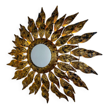 Sunburst wall mirror light – gilt metal, France 1960s
