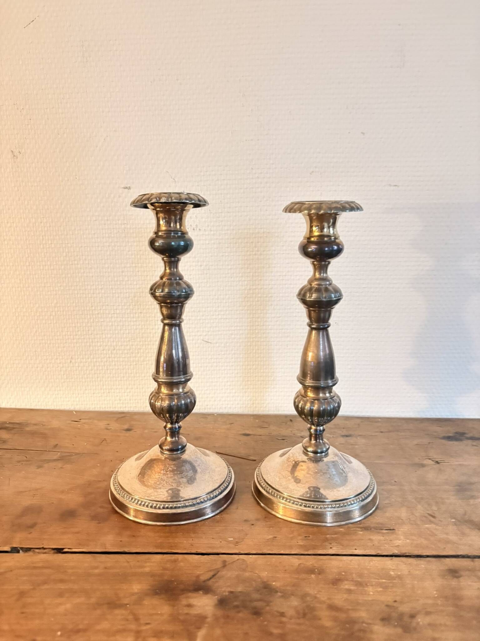 Pair of Silver-Plated Metal Candle Holders with Fluted Design in Louis XVI Style from the 19th Century