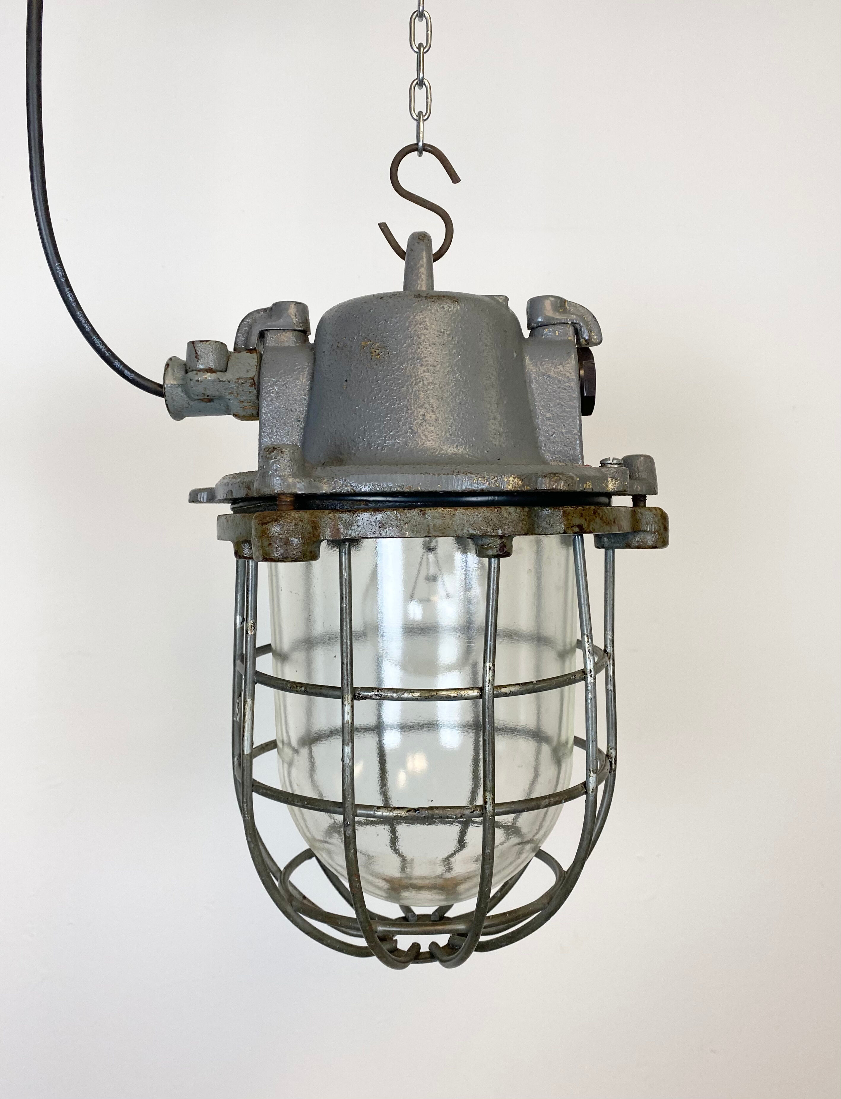 Grey Industrial Cast Iron Cage Pendant Light, 1960s