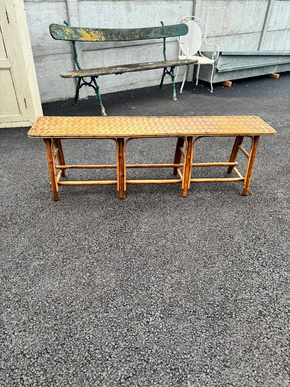 Vintage 1950s set: large table with tripod base and benches in woven chestnut