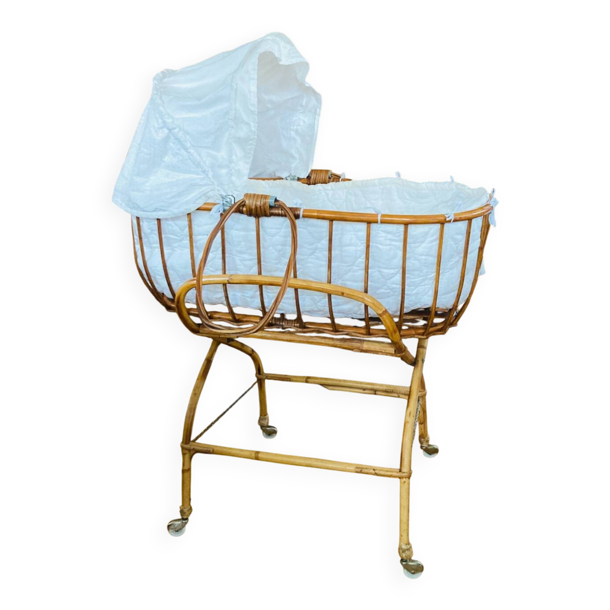 Bamboo, rattan, wicker cradle bassinet from the 1960s with a foldable support.