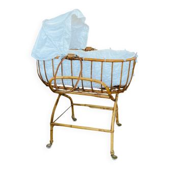 Bamboo, rattan, wicker cradle bassinet from the 1960s with a foldable support.