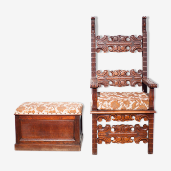 Armchair throne carved wood and its chest, throne chair, antique furniture, interior decoration