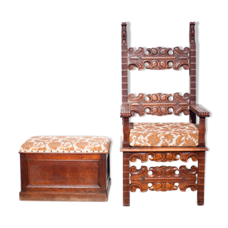 Armchair throne carved wood and its chest, throne chair, antique furniture, interior decoration