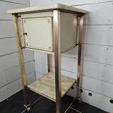 Bedside table in patinated iron, brass and marble tops