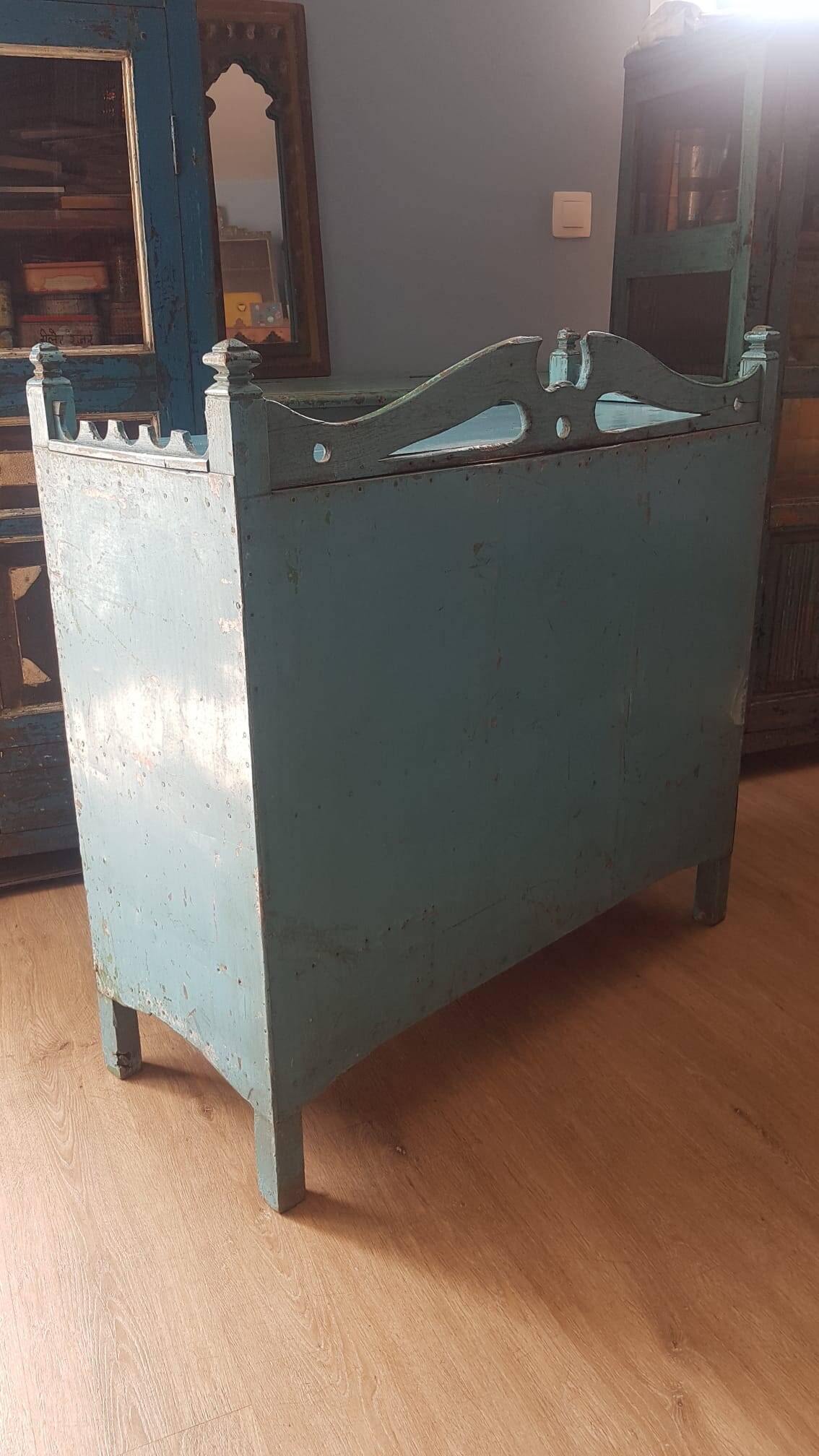 Low turquoise sideboard Indian teak and art deco