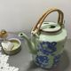 rare green celadon teapot ancient dragons or phoenix decoration with glaze and wicker handles signed /th