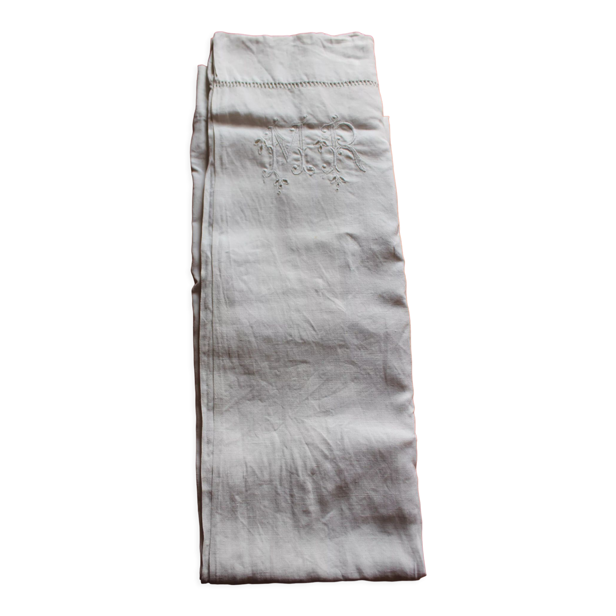 Antique linen sheet Floral monograms M R