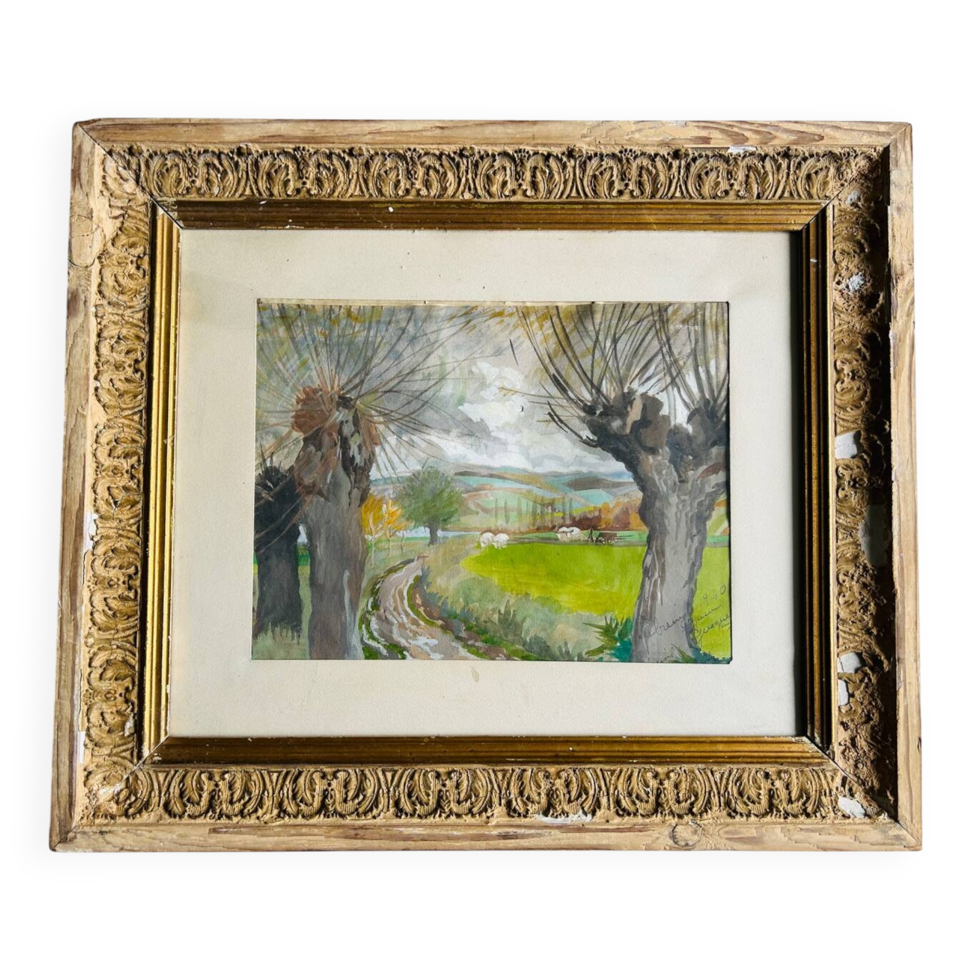 Oeuvre originale, Paysage d'Hiver Breton, Gouache de Suzanne Gueguen, 1940