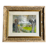 Oeuvre originale, Paysage d'Hiver Breton, Gouache de Suzanne Gueguen, 1940