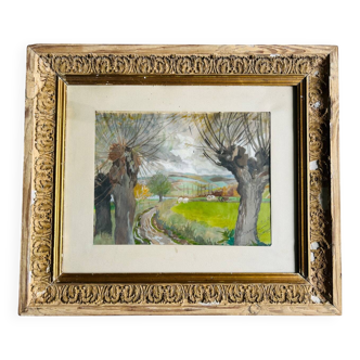 Oeuvre originale, Paysage d'Hiver Breton, Gouache de Suzanne Gueguen, 1940