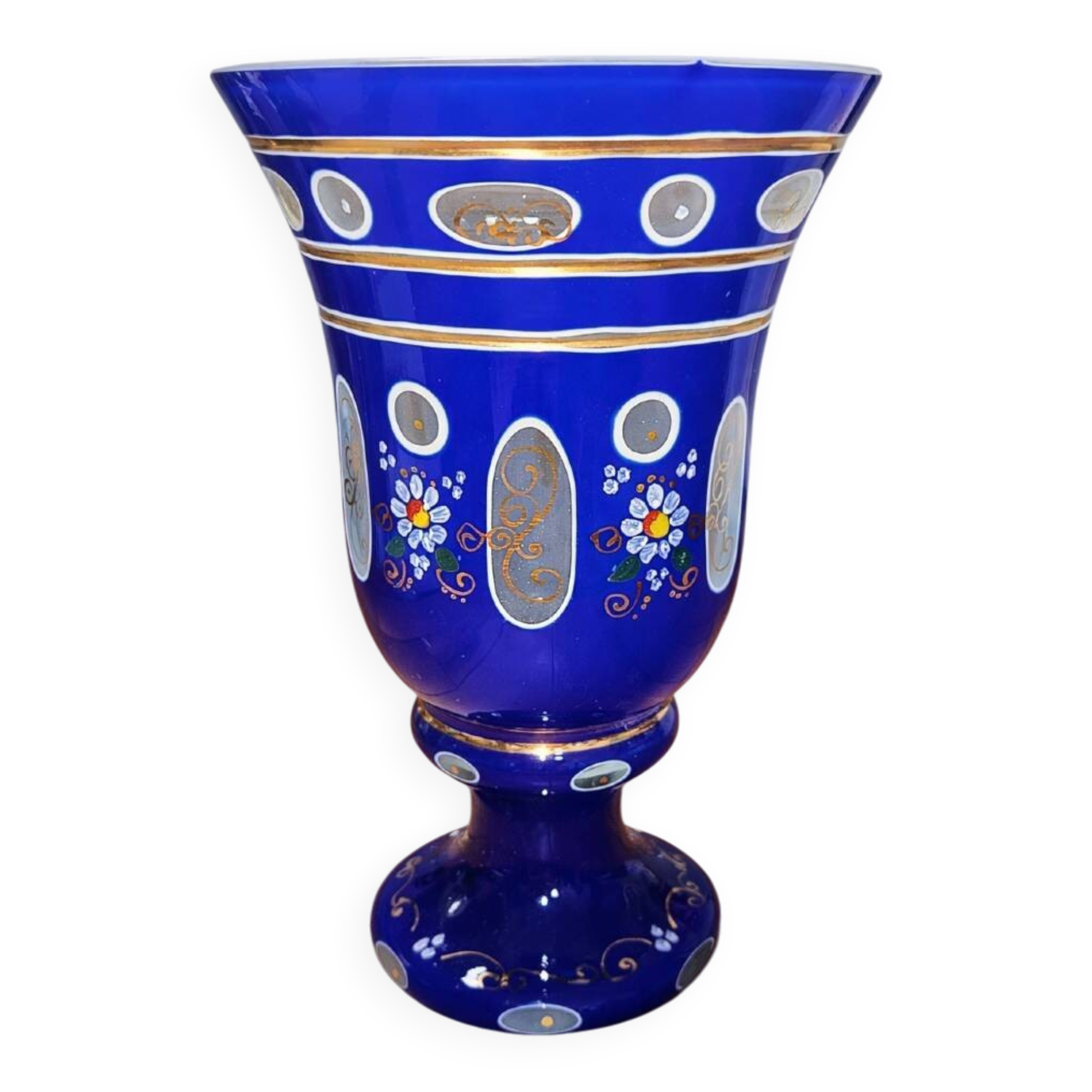 Large blue enamelled glass chalice (Bohemian glass 20th century)
