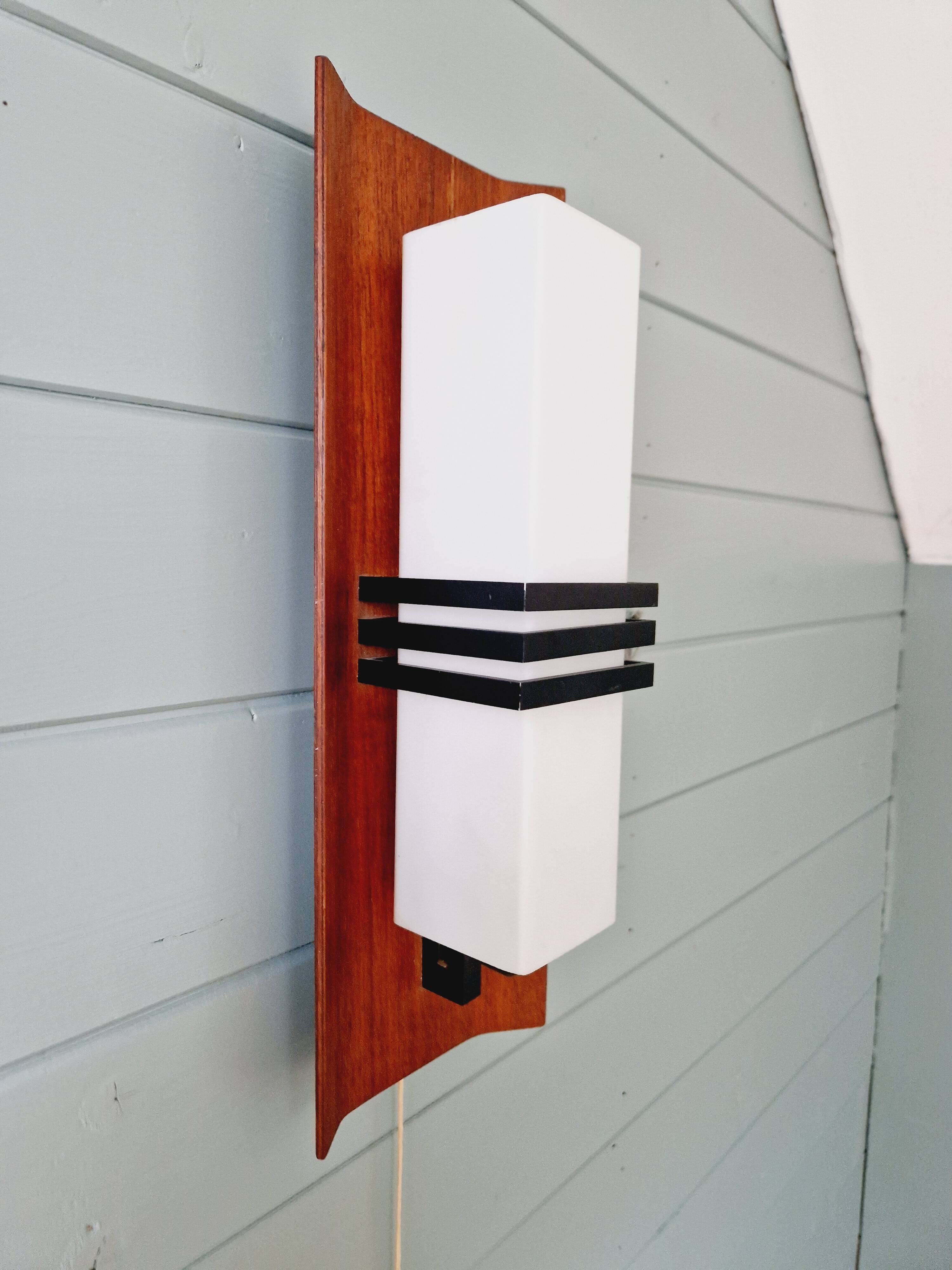 Scandinavian wall light in opaline and teak, 1960s