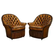Brown Hand-Dyed Leather Chesterfield Armchairs with Pleated Front, Set of 2