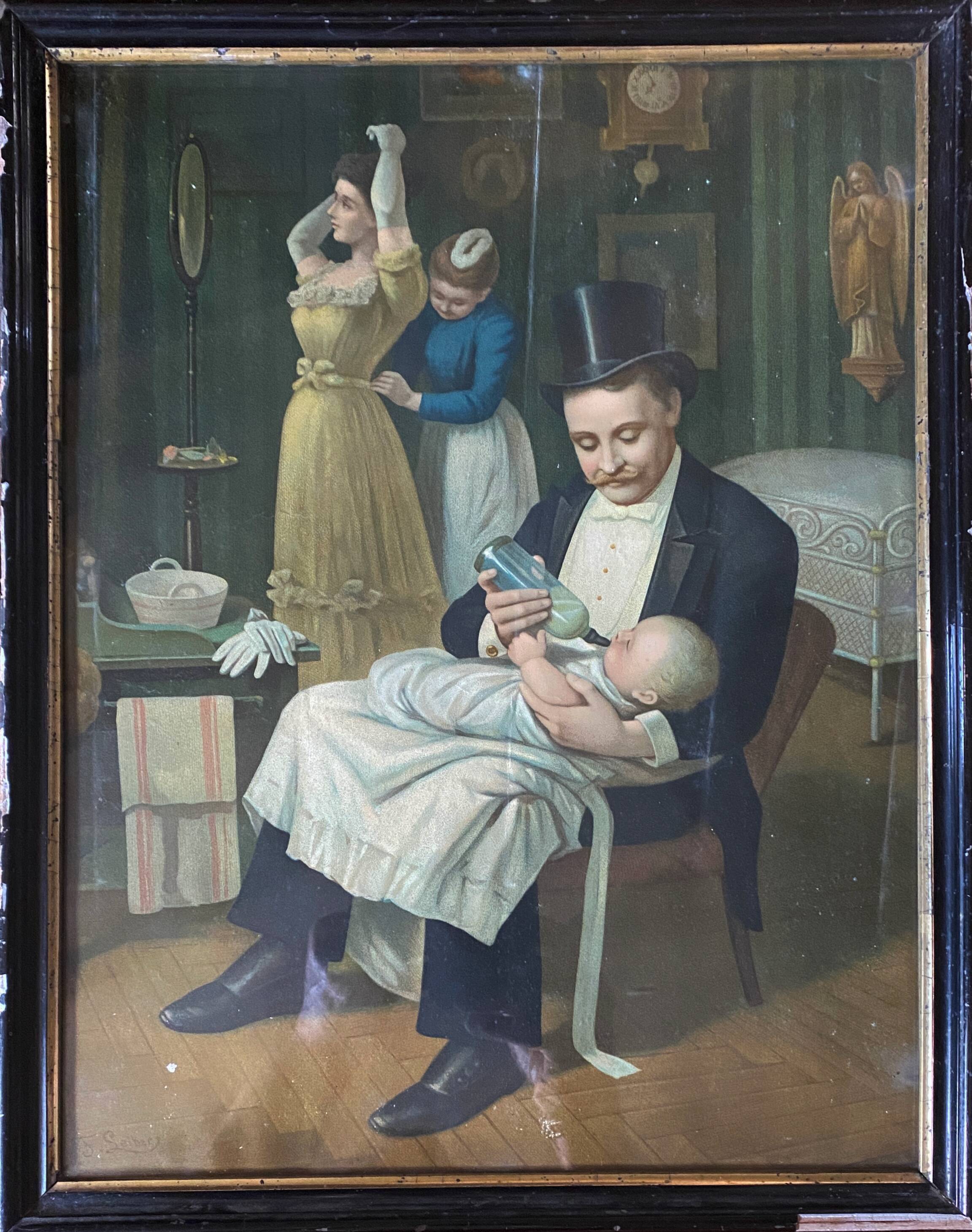 Painting chromo 1900 elegant parisian family scene and papa bottle