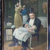 Painting chromo 1900 elegant parisian family scene and papa bottle