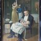 Painting chromo 1900 elegant parisian family scene and papa bottle