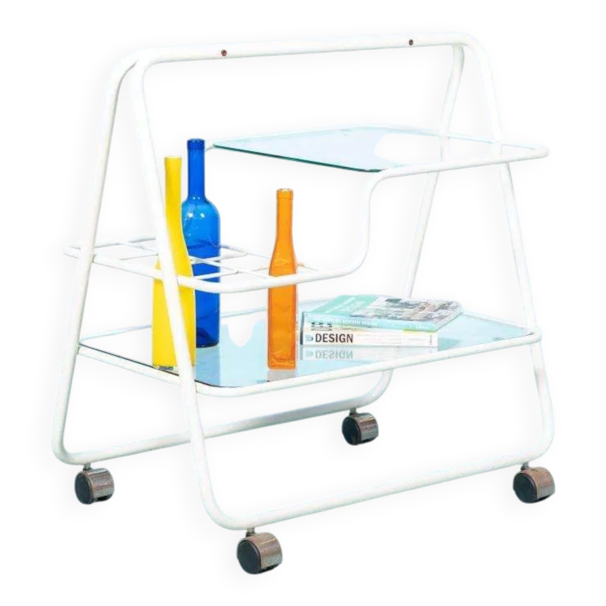 Space age dessert trolley from the 1970s, with metal tubes and glass trays.