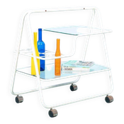 Space age dessert trolley from the 1970s, with metal tubes and glass trays.