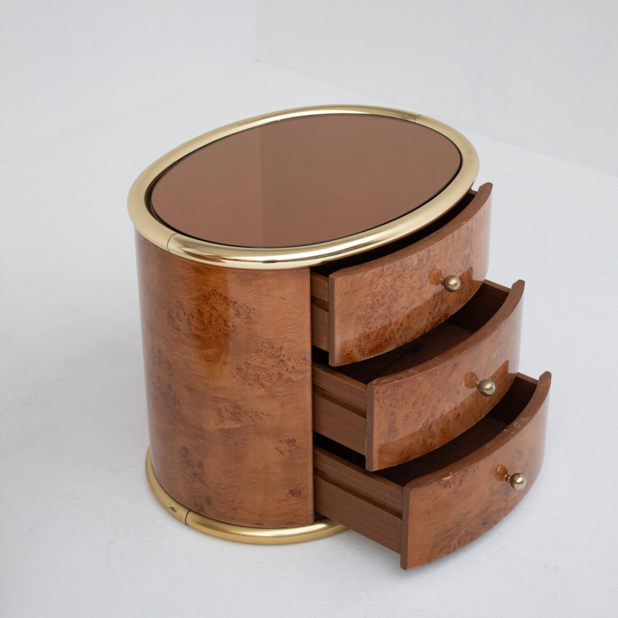 Vintage burlwood and brass nightstands, 1970s