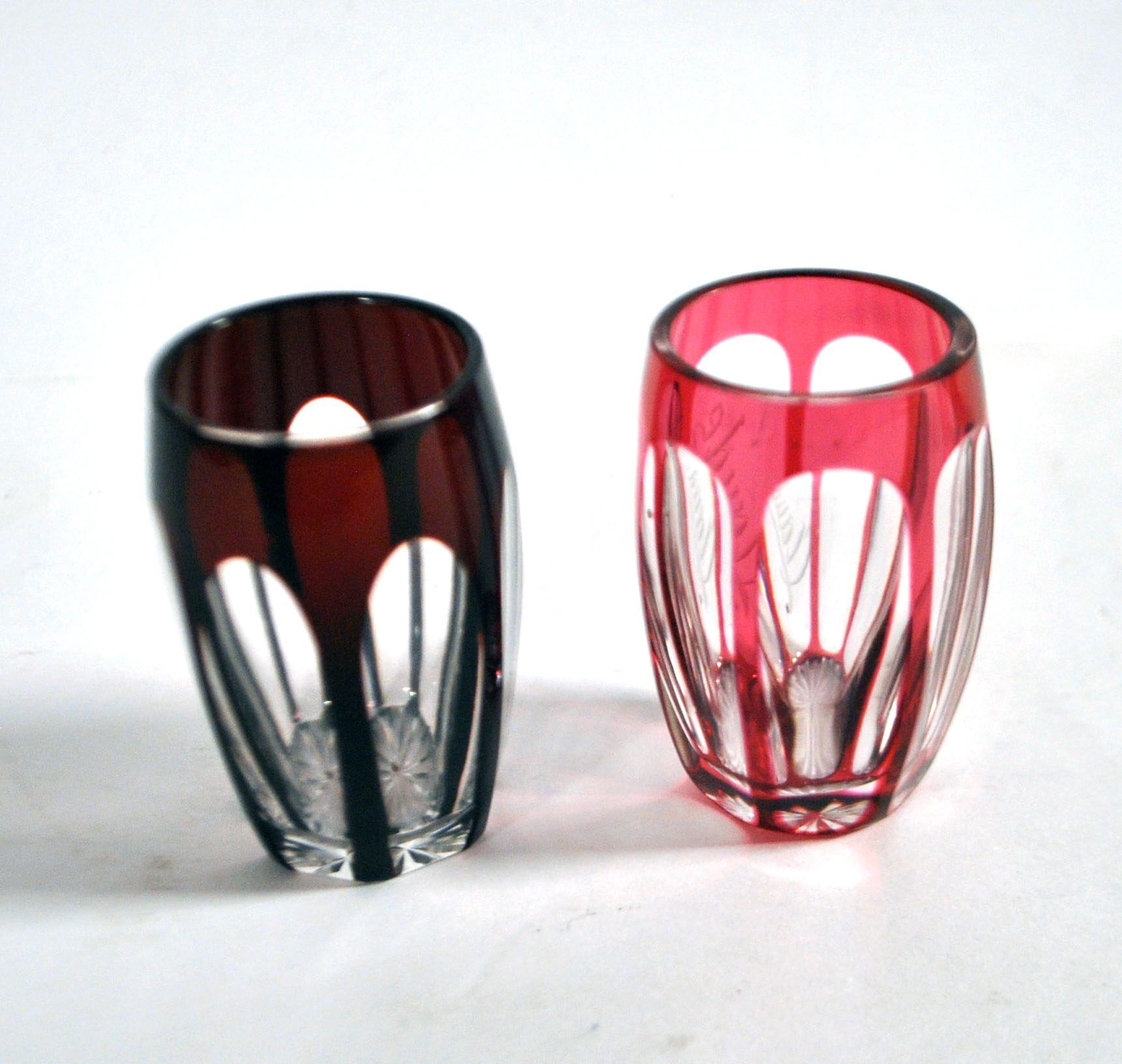 SAINT-LOUIS set of 2 crystal double overlay red engraved shooter glasses