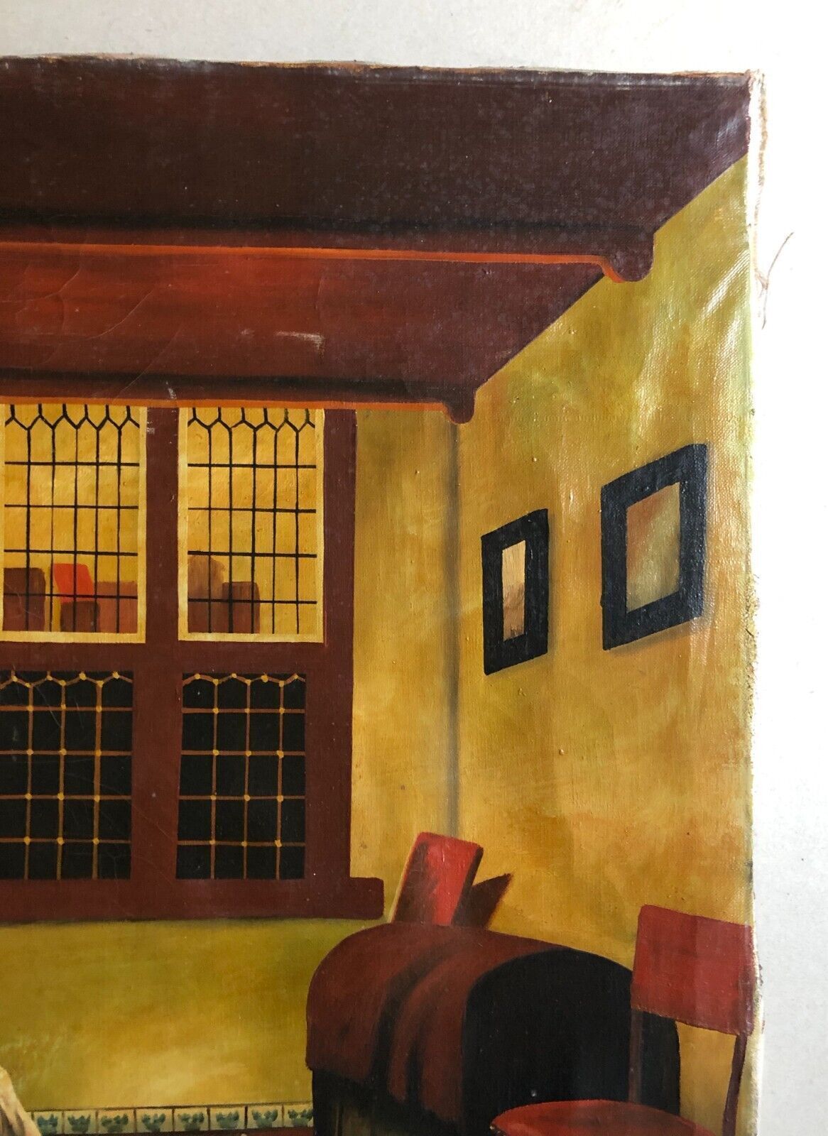 Mid century signed painting with Flemish interior
