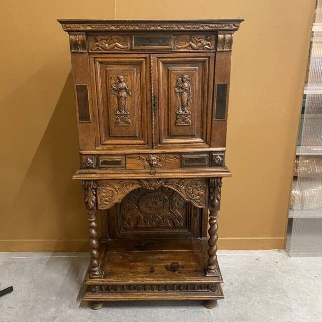 Antique carved wooden jam cupboard, two-part piece of furniture
