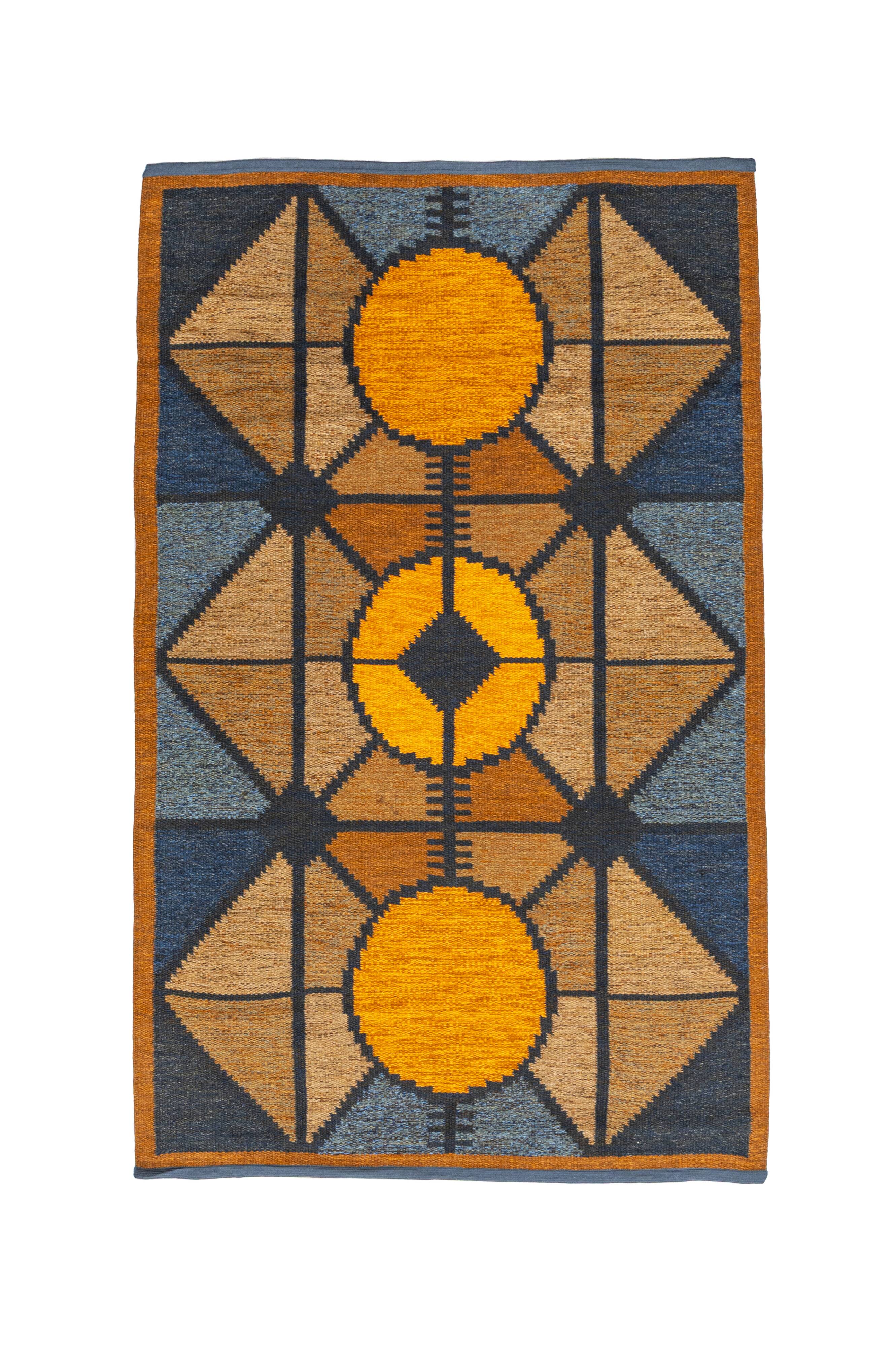 Scandinavian 20th century modern flat weave rug by Britta Swefors. 212 X 13