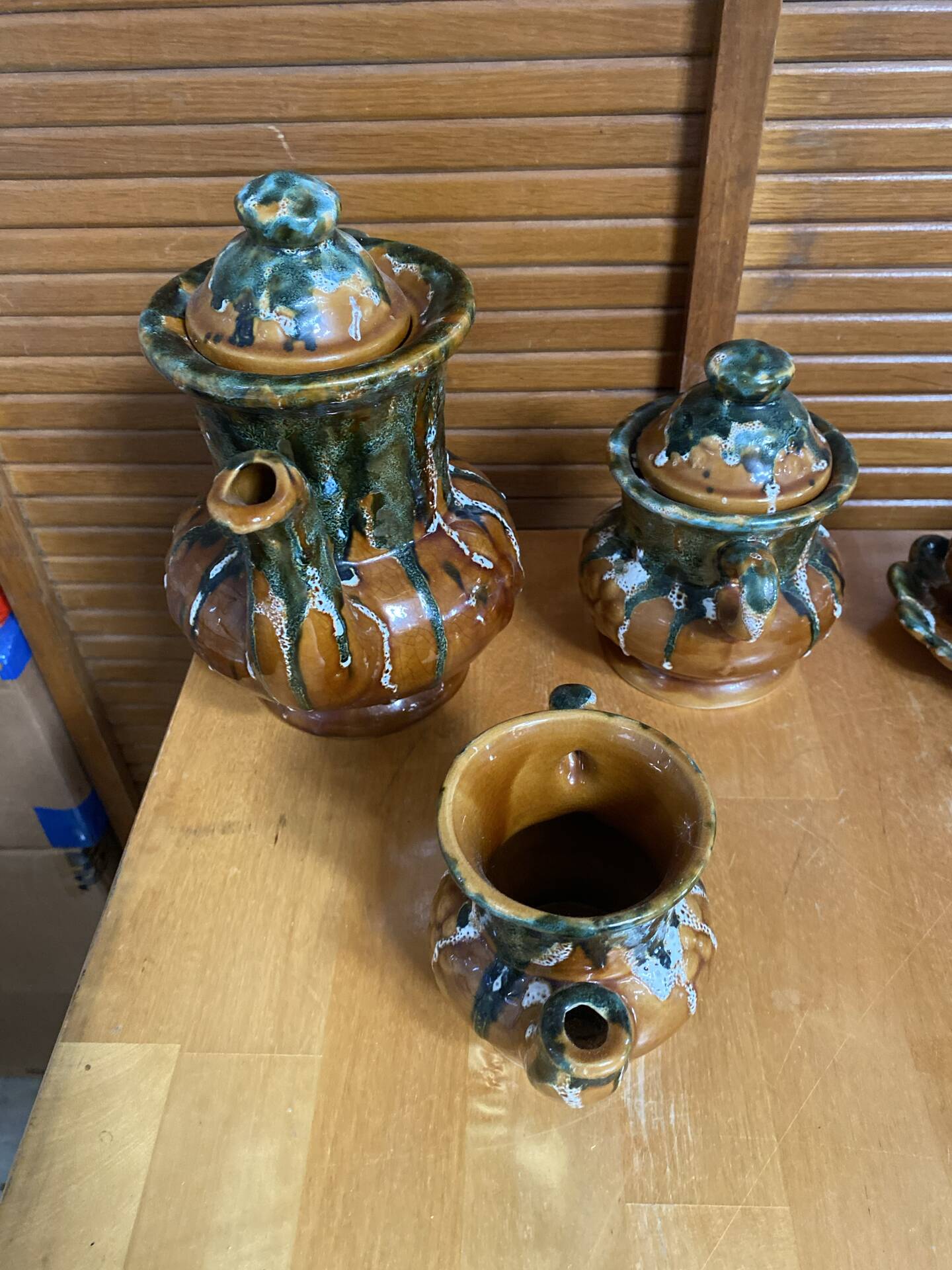 Vintage French café service set, 27 pieces, old pottery from Maine.