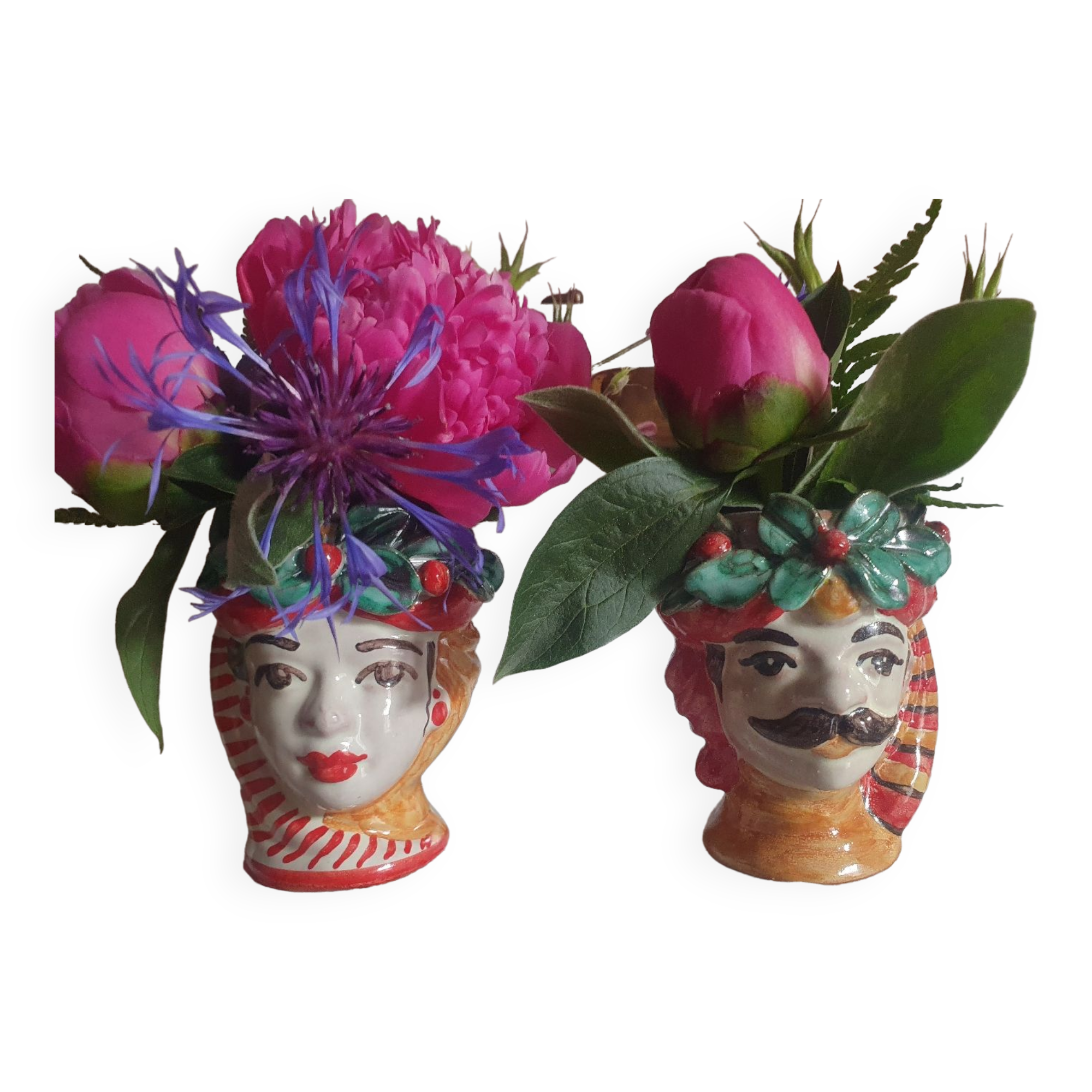 Set of 2 Sicilian vases ceramic heads of caltagirone