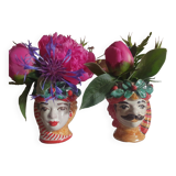 Set of 2 Sicilian vases ceramic heads of caltagirone