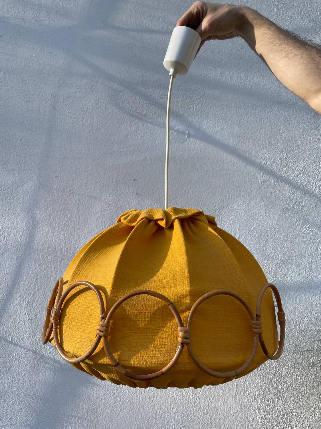 Wooden rattan and fabric suspension