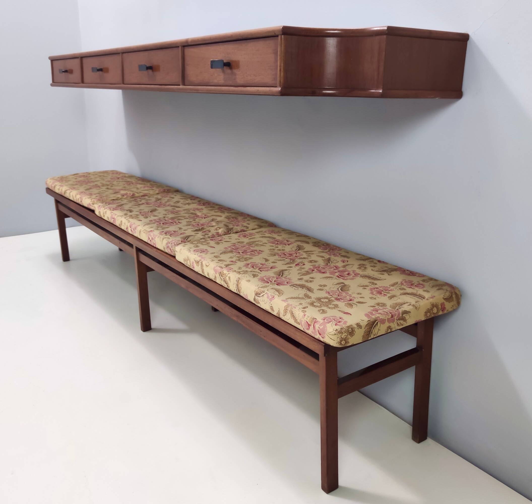 Entryway Set of Wall Mirror, Walnut Console and Bench by Brugnoli, Italy