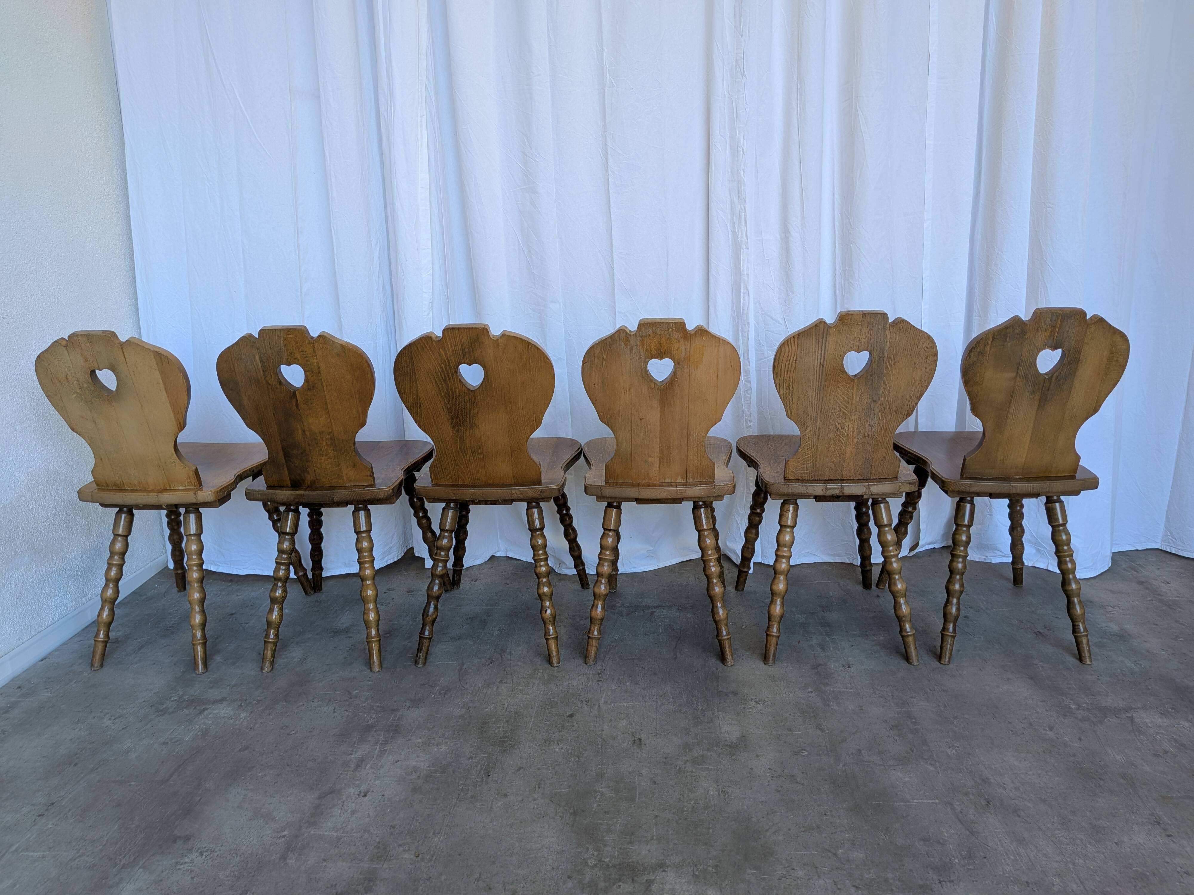 Set of 6 Vintage Tyrolean Heart Cutout Wooden Dining Chairs / Darker Brown