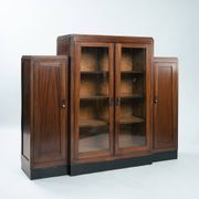 Art Deco walnut birdseye maple Amsterdam school cabinet with glass doors, 1930s