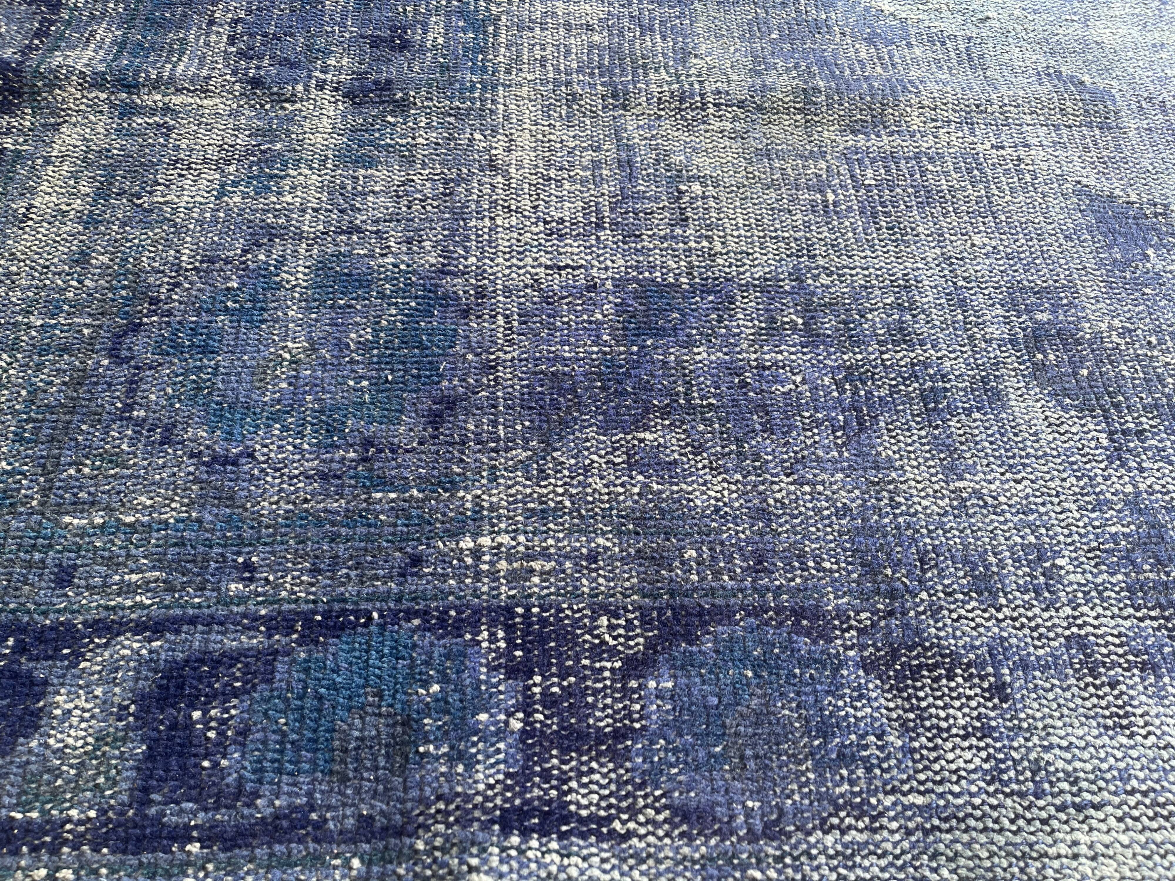 Distressed overdyed turkish rug runner 274 x107 cm vintage wool blue rug runner