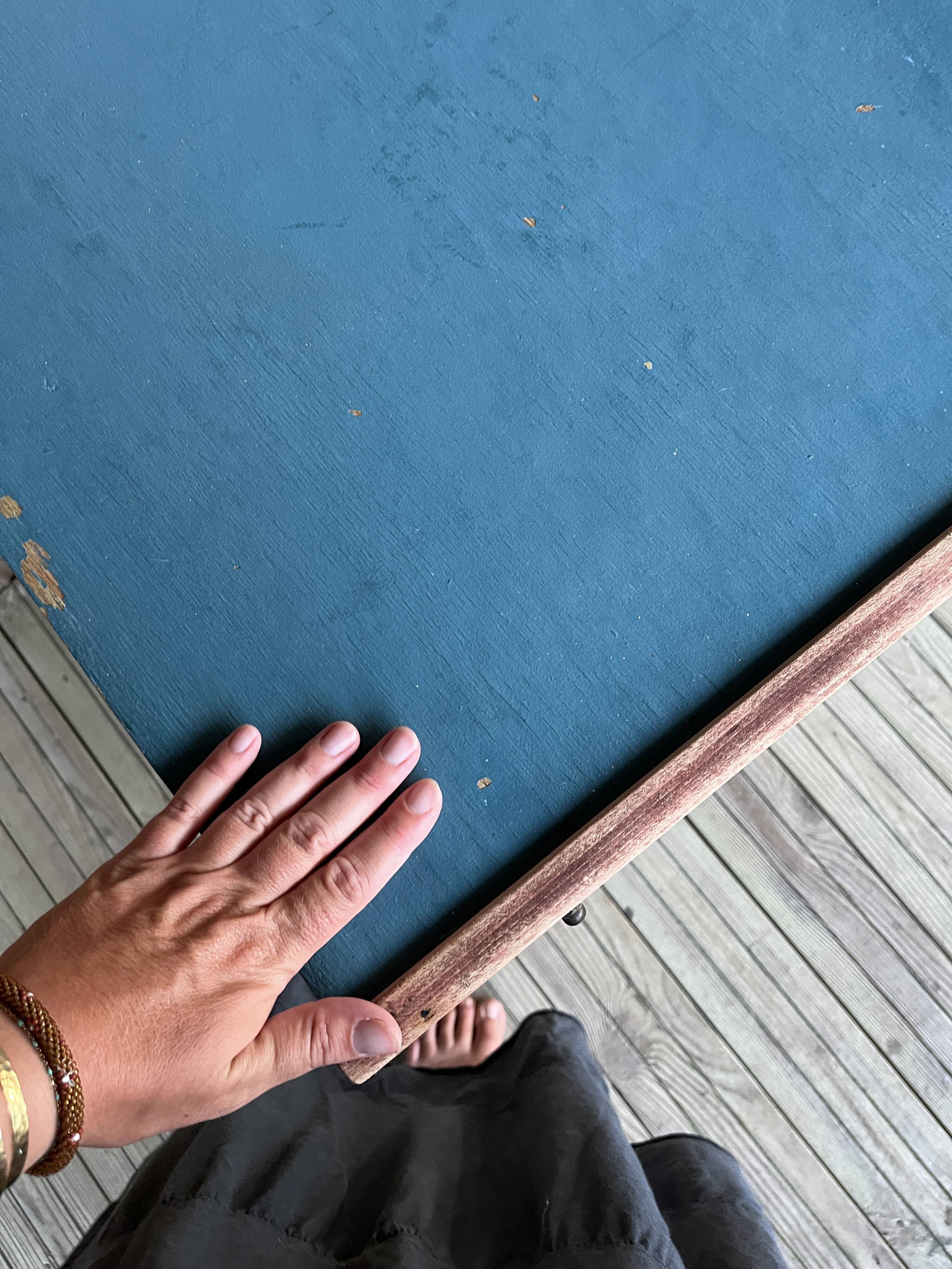 Yellow and blue serving trolley with compass base, 1950s