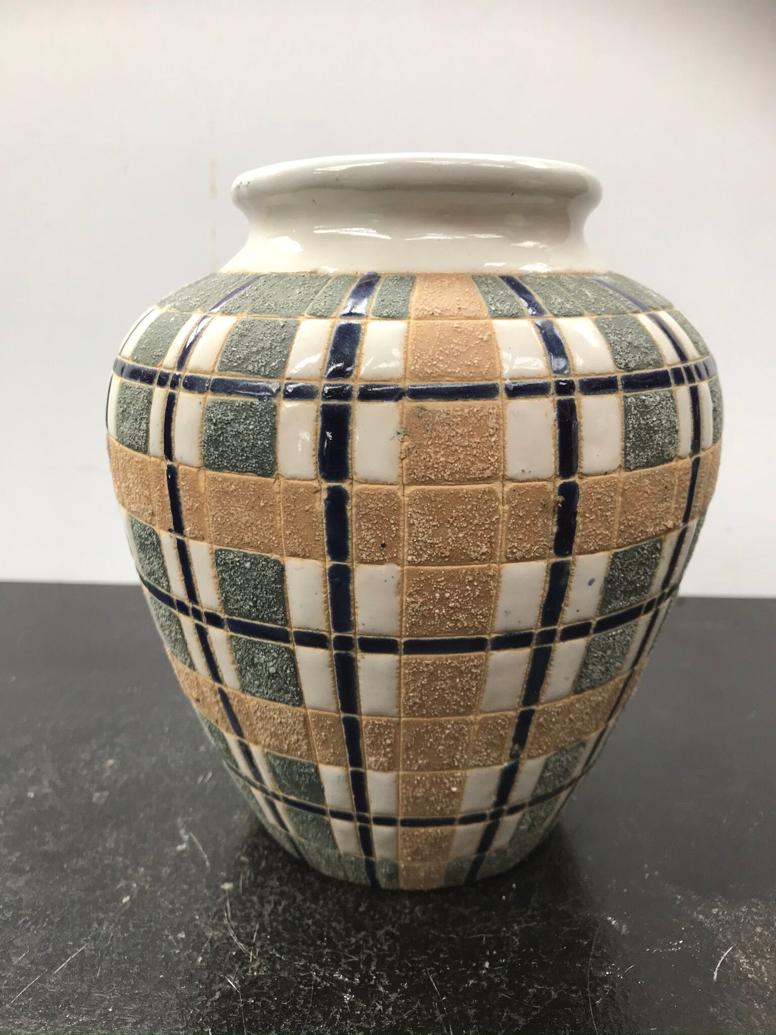 Ceramic vase white geometric decoration vintage