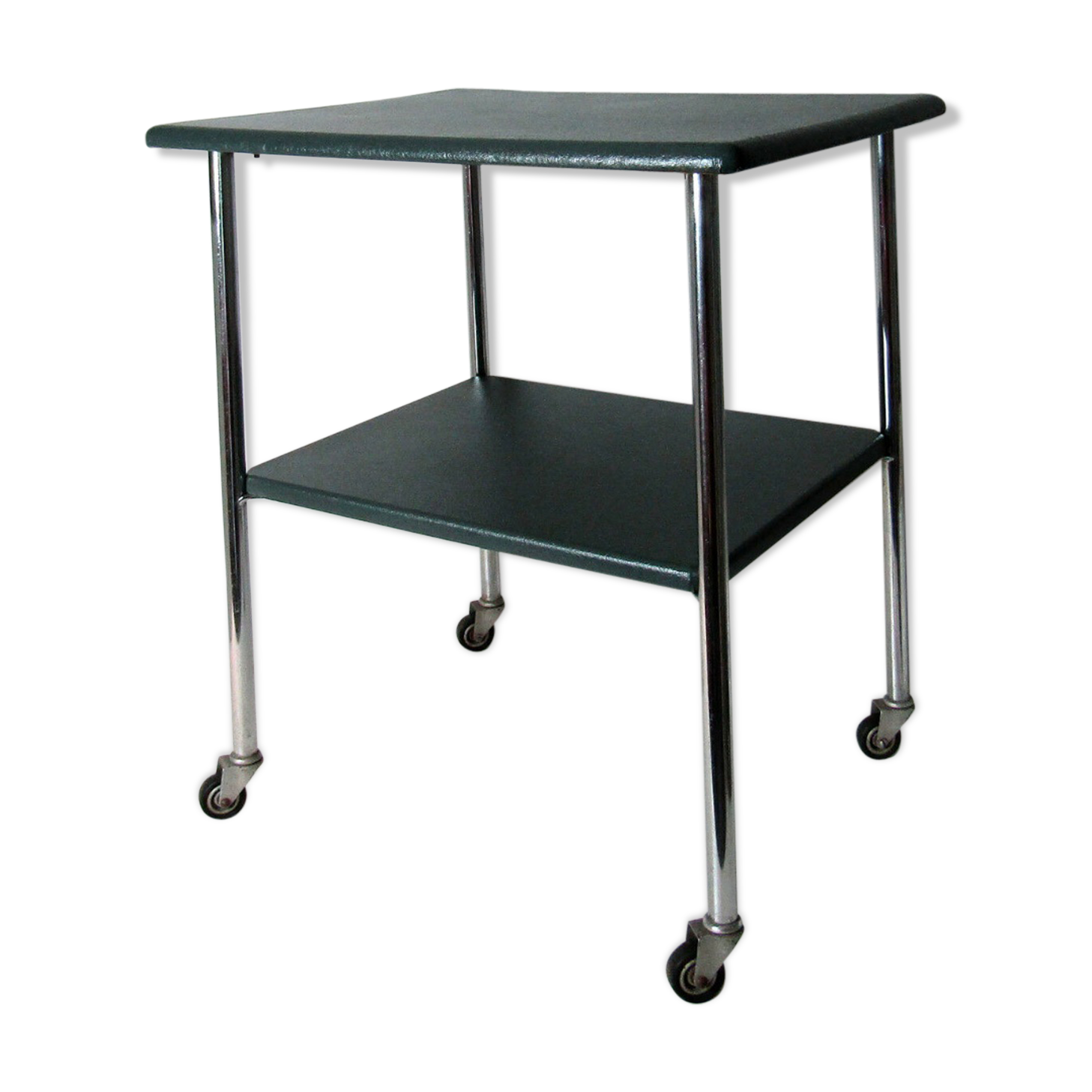 Table serves console with chrome wheels and imitation vintage khaki