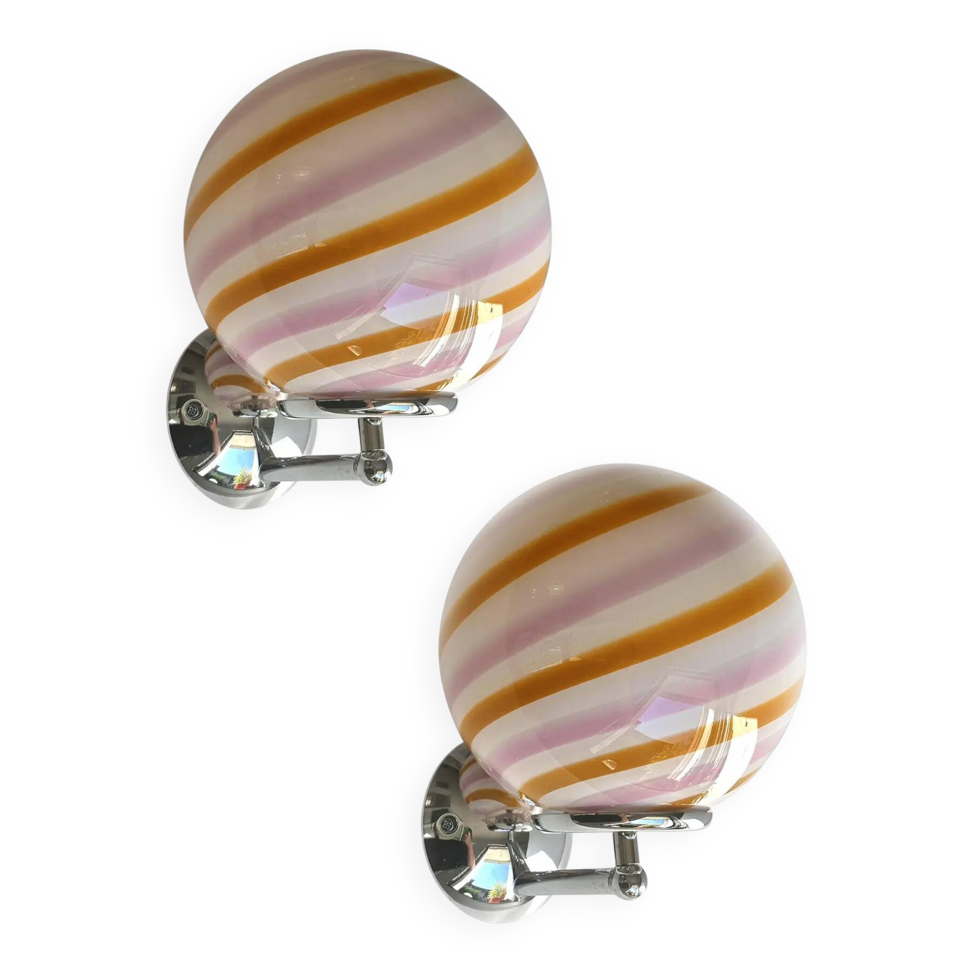 Set of Two Contemporary Amber and Pink "Rods" Murano Glass Wall Sconces