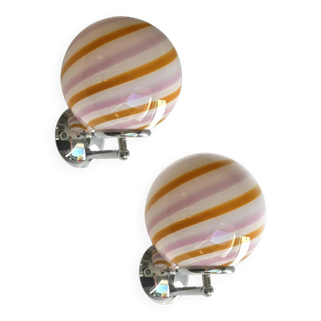 Set of Two Contemporary Amber and Pink "Rods" Murano Glass Wall Sconces