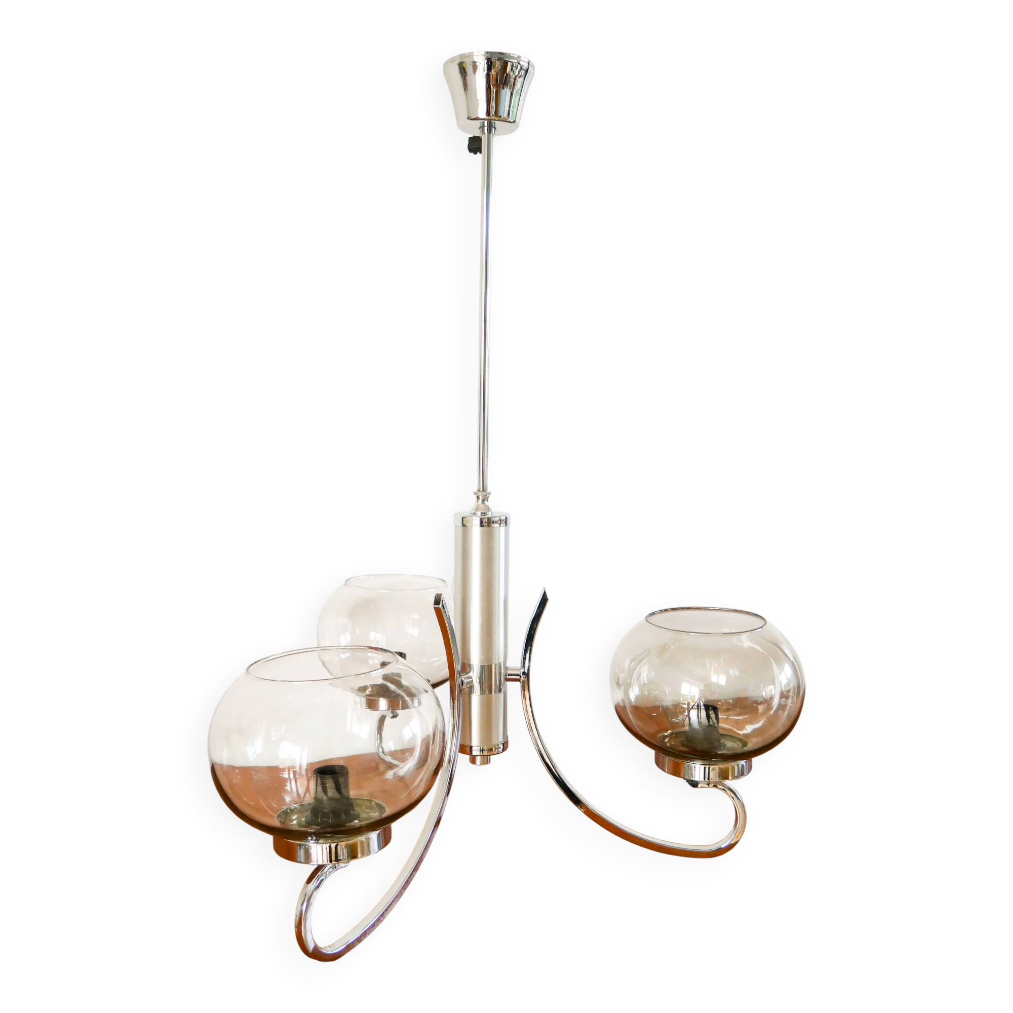 Chandelier Gaetano Sciolari, 3 lights, in chrome and smoked glass, 1970.
