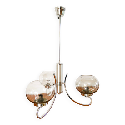 Lustre Gaetano Sciolari, 3 feux, en chrome et verre fumé, 1970