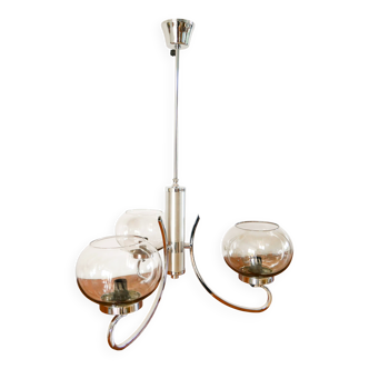 Chandelier Gaetano Sciolari, 3 lights, in chrome and smoked glass, 1970.