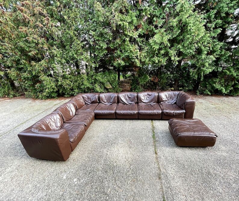Modular sectional soft dark brown leather sofa by Arflex, Italy 1970