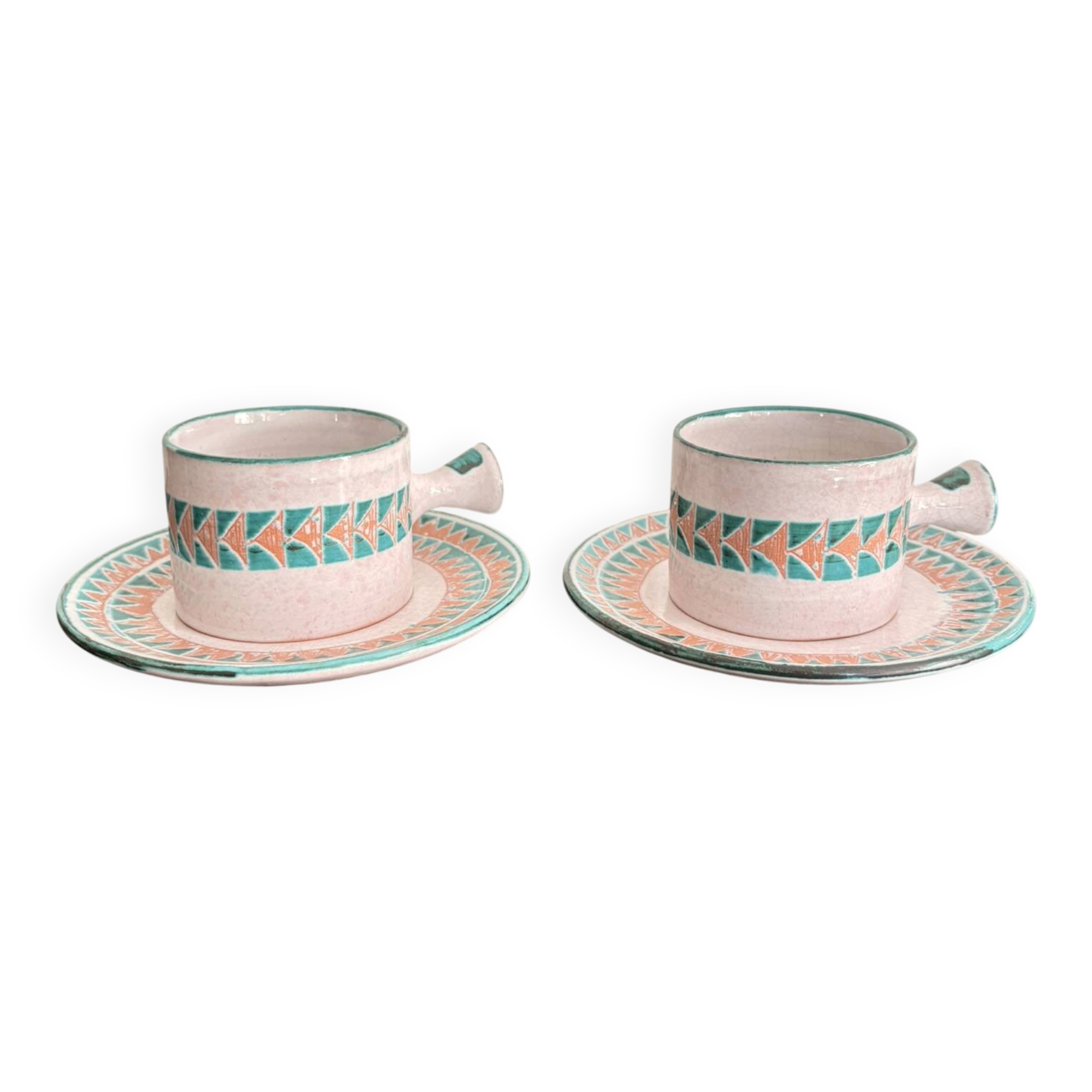Old Pair of Ceramic Cups from Vallauris by Charles Voltz Pottery 1950 Geometric